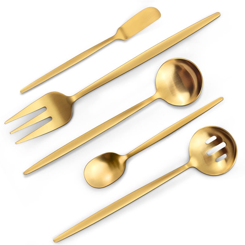 VANVRO Matte Gold Serving Silverware Set 5Piece Round Shared Utensils Set of Stainless Steel Hostess Flatware Serving Set Satin Finish Dishwasher Safe
