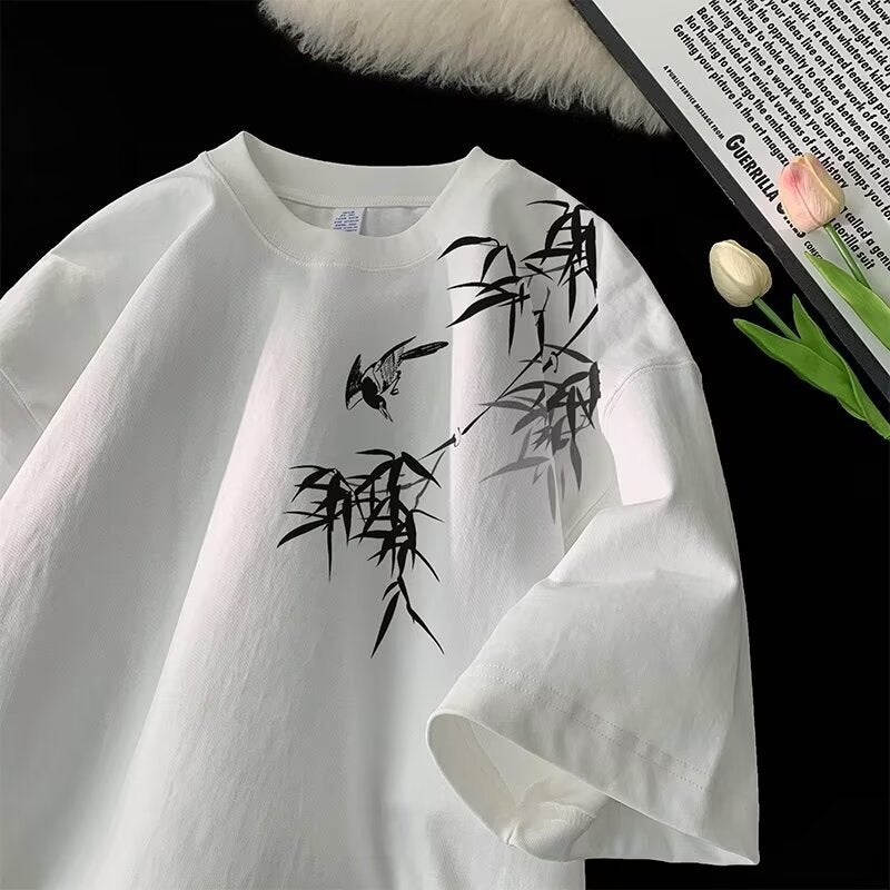 New Chinese Style National Style Bamboo Heavy-Weight Short-Sleeved T-Shirt Men'S Trendy Brand Loose Plus Size Apricot High Street Half-Sleeved T-Shirt Summer - Image 1