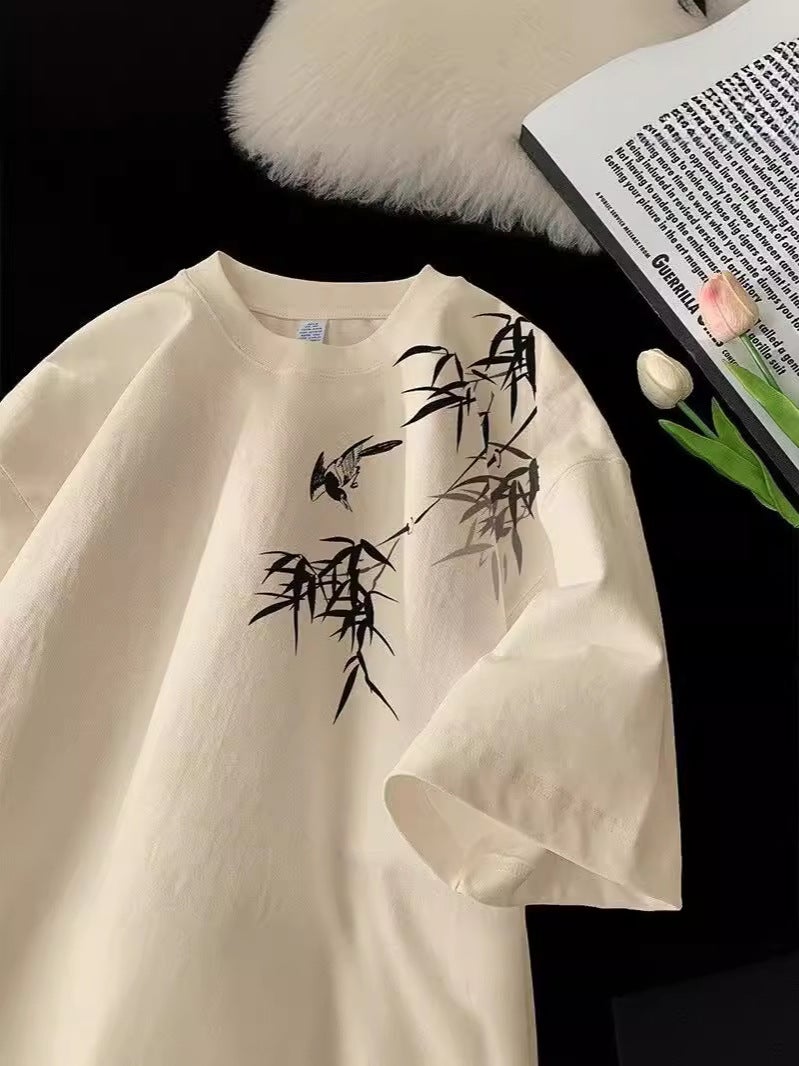 New Chinese Style National Style Bamboo Heavy-Weight Short-Sleeved T-Shirt Men'S Trendy Brand Loose Plus Size Apricot High Street Half-Sleeved T-Shirt Summer - Image 5