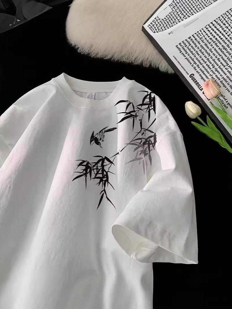 New Chinese Style National Style Bamboo Heavy-Weight Short-Sleeved T-Shirt Men'S Trendy Brand Loose Plus Size Apricot High Street Half-Sleeved T-Shirt Summer - Image 2