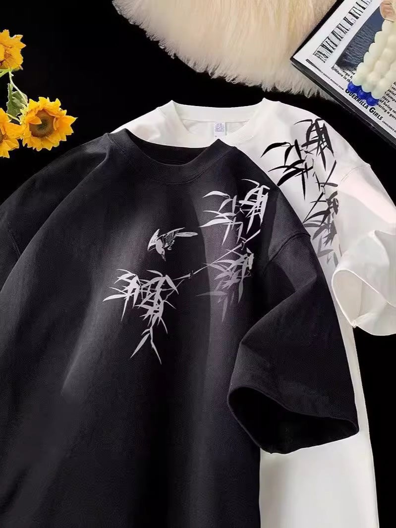 New Chinese Style National Style Bamboo Heavy-Weight Short-Sleeved T-Shirt Men'S Trendy Brand Loose Plus Size Apricot High Street Half-Sleeved T-Shirt Summer - Image 3