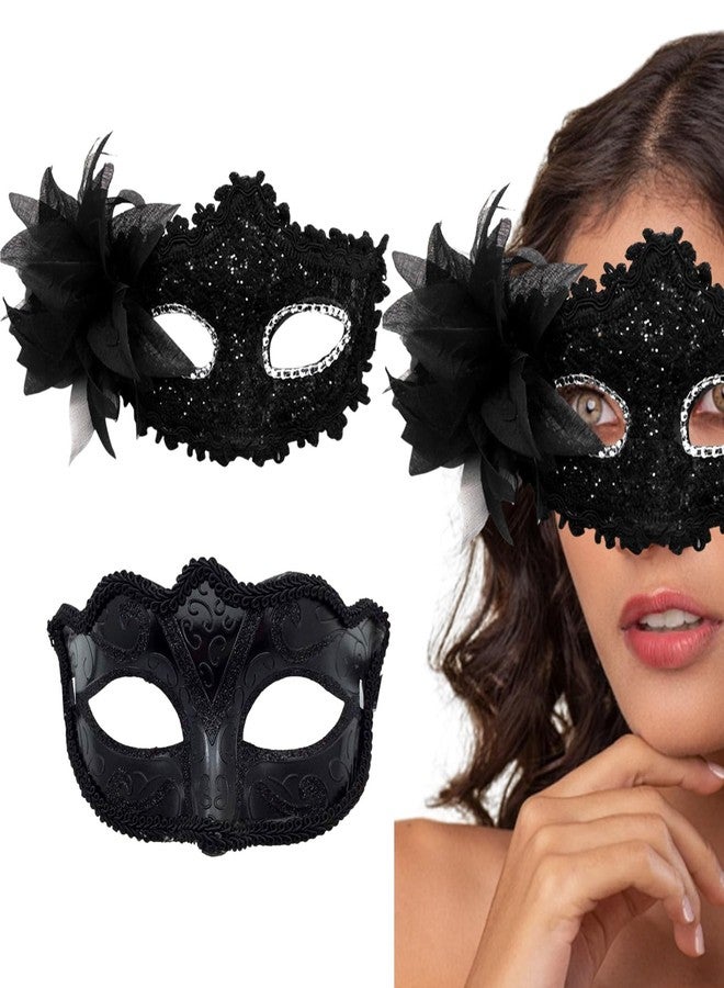 Plexaris 2 Pcs Masquerade Mask for Women and Men, Party Mask for Women, Fashion Black Eye Mask Halloween Costume for Ladies and Men, Cosplay Halloween Mask, Masquerade Mask for Women Black - Image 1