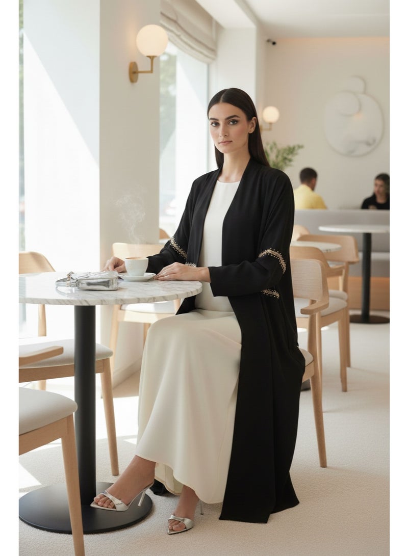 Moistreet Black Hand-Beaded Abaya in Premium Korean Nida With Headscarf - Image 5
