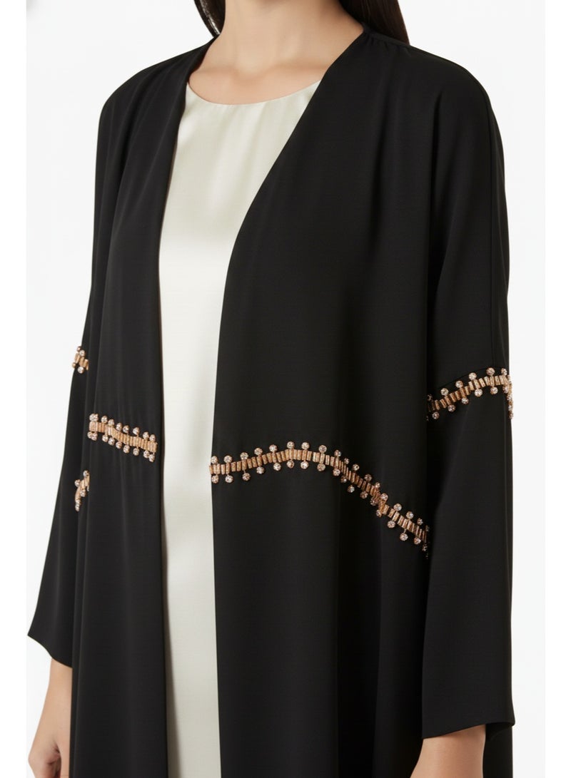 Moistreet Black Hand-Beaded Abaya in Premium Korean Nida With Headscarf - Image 4