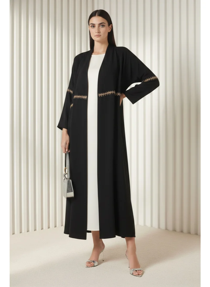 مويستريت Black Hand-Beaded Abaya in Premium Korean Nida With Headscarf