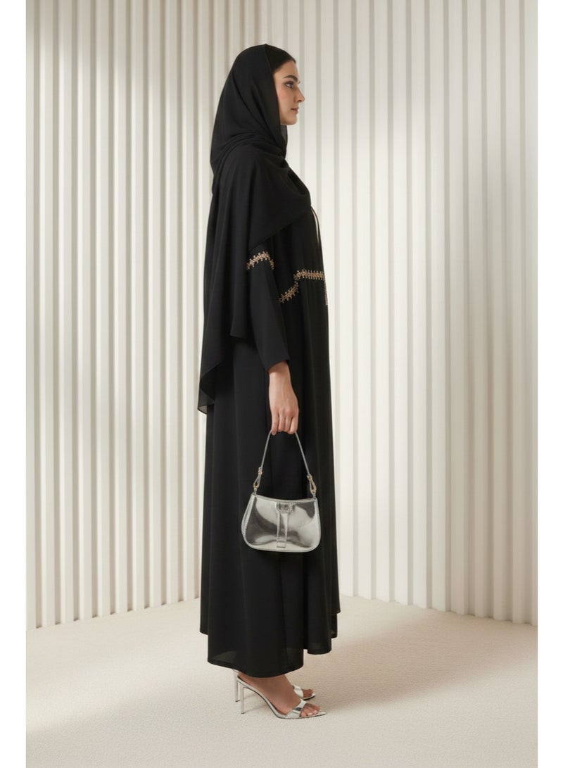 Moistreet Black Hand-Beaded Abaya in Premium Korean Nida With Headscarf - Image 3