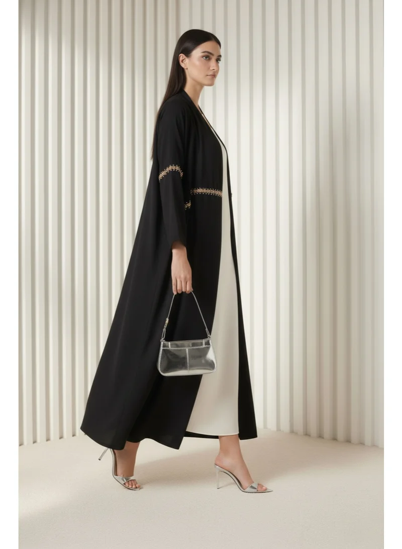 مويستريت Black Hand-Beaded Abaya in Premium Korean Nida With Headscarf