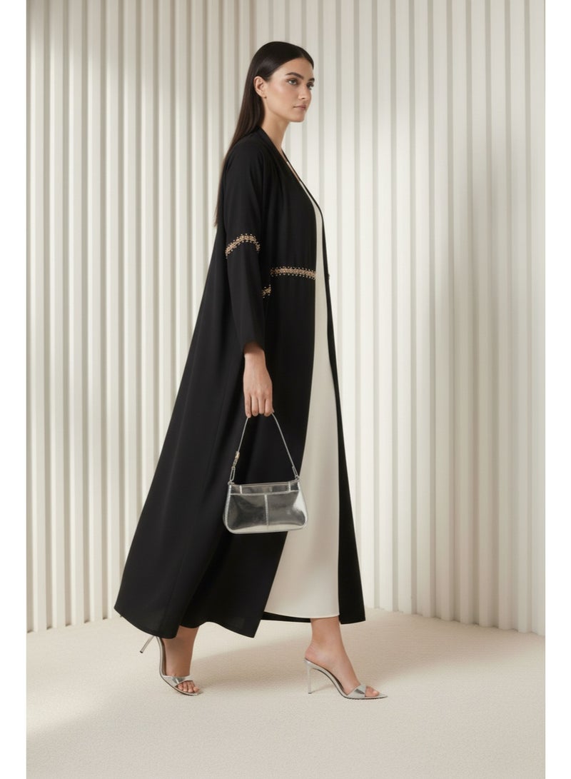 Moistreet Black Hand-Beaded Abaya in Premium Korean Nida With Headscarf - Image 2