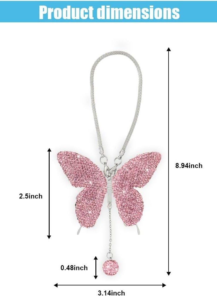 Bukela Sparkling Butterfly Crystal Car Hanging Decor - Diamond Rearview Mirror Charms for Women, Pink Lucky Car Accessories Gifts for All Vehicles - Image 3