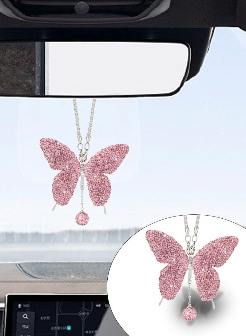 Bukela Sparkling Butterfly Crystal Car Hanging Decor - Diamond Rearview Mirror Charms for Women, Pink Lucky Car Accessories Gifts for All Vehicles - Image 1
