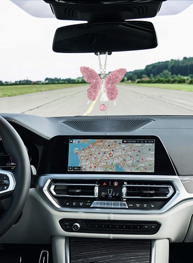 Bukela Sparkling Butterfly Crystal Car Hanging Decor - Diamond Rearview Mirror Charms for Women, Pink Lucky Car Accessories Gifts for All Vehicles - Image 2