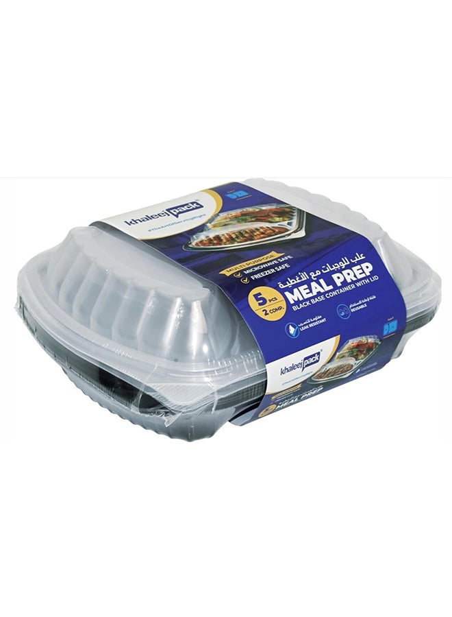 Khaleej Pack 36 oz-5 Pcs Black-Base 2-section clear Microwave container with lids - rectanglular  Disposable food storage container with lids