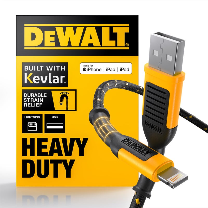 DEWALT Heavy Duty USB A to Lightning Cable [Apple MFi Certified] Durable iPhone Charger, Lightning Cables, Fast Charging iPhone Charger Cord Compatible w/iPhones 14/13/12/11 Pro Max iPad AirPods, 6FT - Image 1