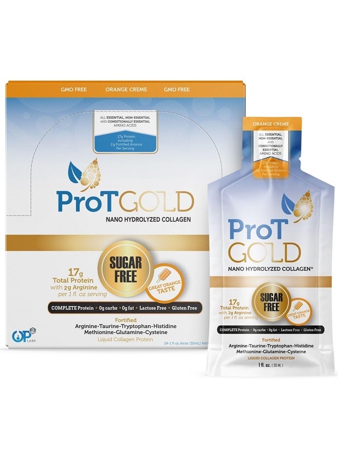 ProT Gold Liquid Collagen Protein Shot, 17g Clear Protein Nano-Hydrolyzed Grass Fed Collagen, 2g Arginine for Wound Support, Gluten Free, Sugar Free, 0g Carbs, Orange Creme, 1 fl oz, 24 Pack - Image 1