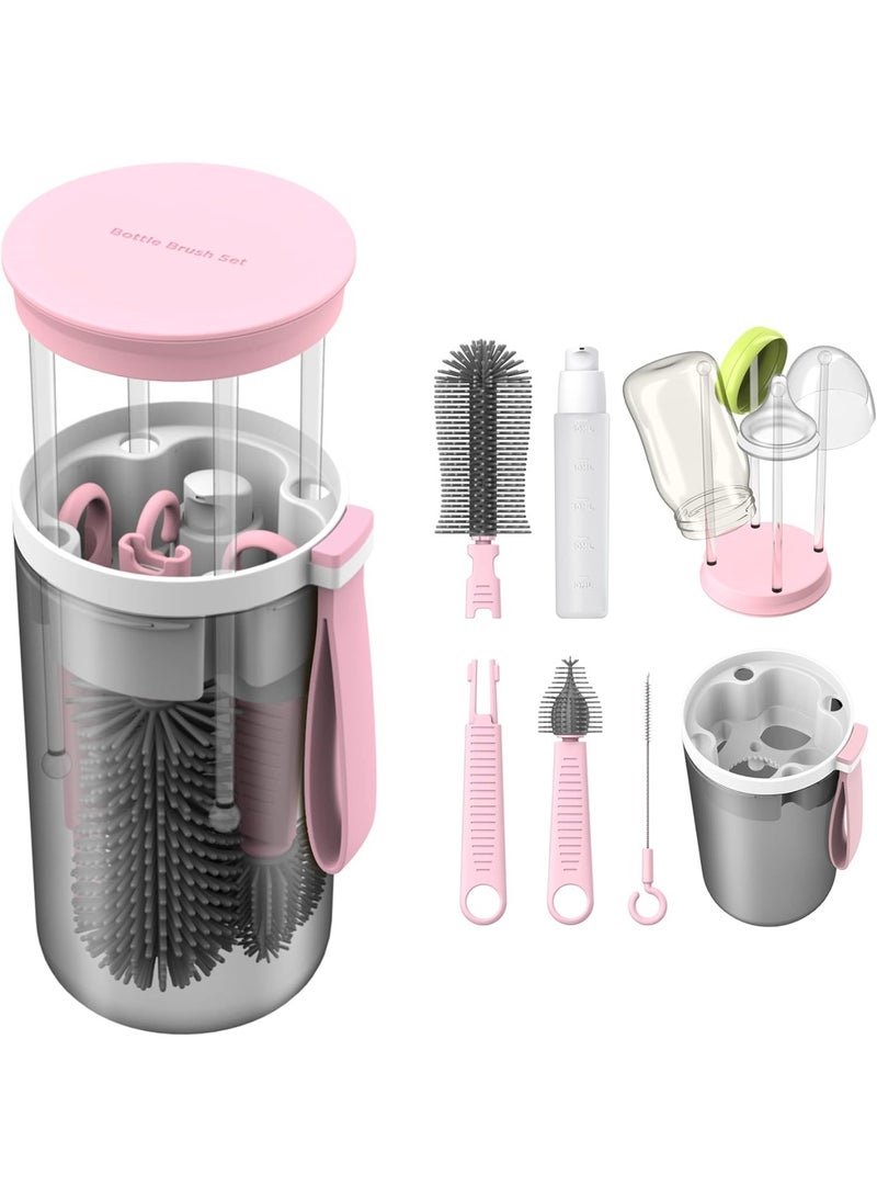 Hihonor Baby Bottle Brush Set,6 in 1 Travel Baby Bottle Cleaner Kit with Silicone Bottle Brush, Nipple Brush,Straw Cleaning Brush, Soap Dispenser, Baby Bottle Drying Rack, Available for family daily and travel - Image 1