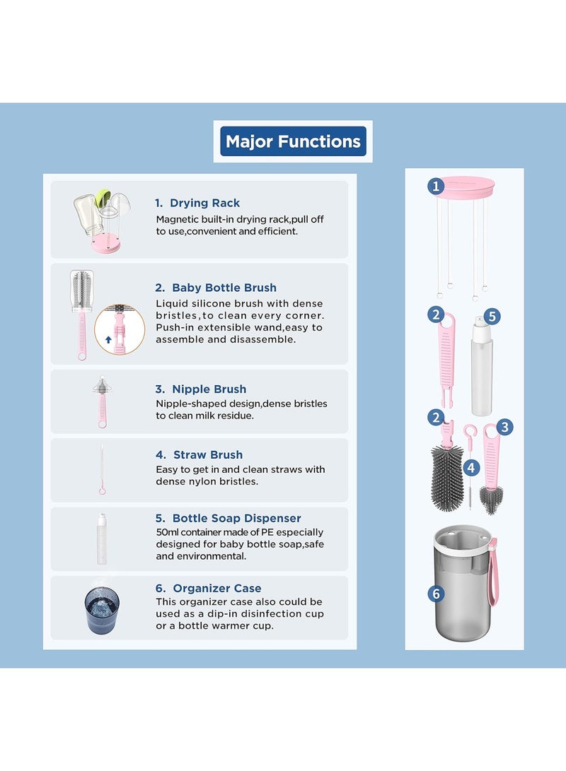 Hihonor Baby Bottle Brush Set,6 in 1 Travel Baby Bottle Cleaner Kit with Silicone Bottle Brush, Nipple Brush,Straw Cleaning Brush, Soap Dispenser, Baby Bottle Drying Rack, Available for family daily and travel - Image 2