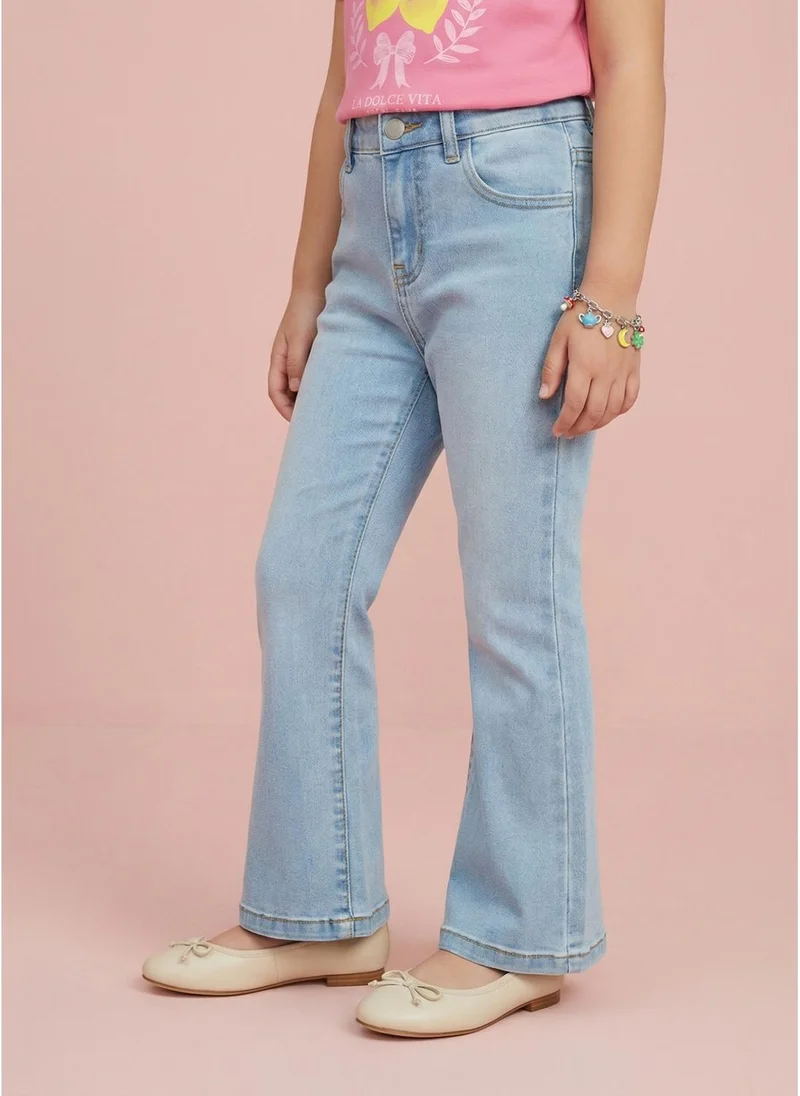 نوتيناتي Nautinati  Girls' 100% Cotton Stretchable Bootcut Ice-blue Wash Essentials Jeans