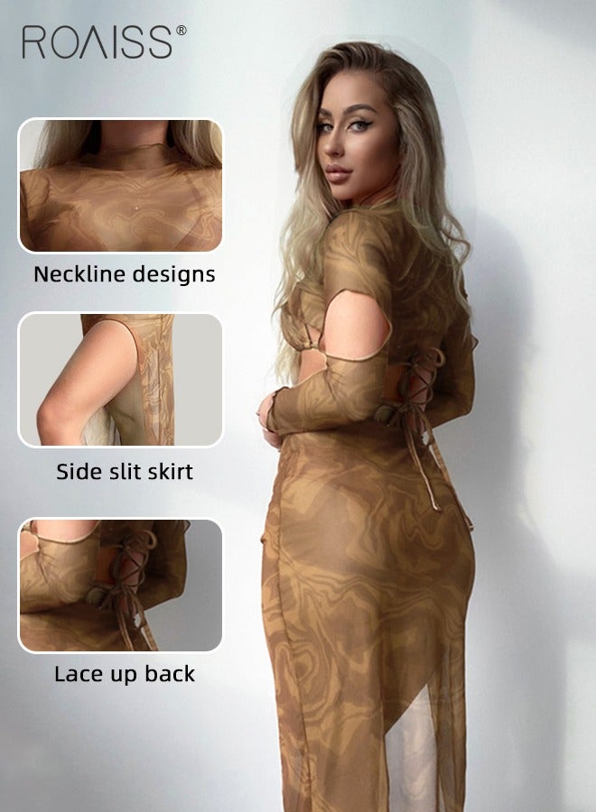 roaiss 4 Piece Tankini Swimsuit Women's Beach Vacation Adjustable Bikini Set and Patterned Pullover Side Slit Skirt Soft Fabric Sun Protective Cover up for Vacation Summer Casual Occasions Khaki - Image 3