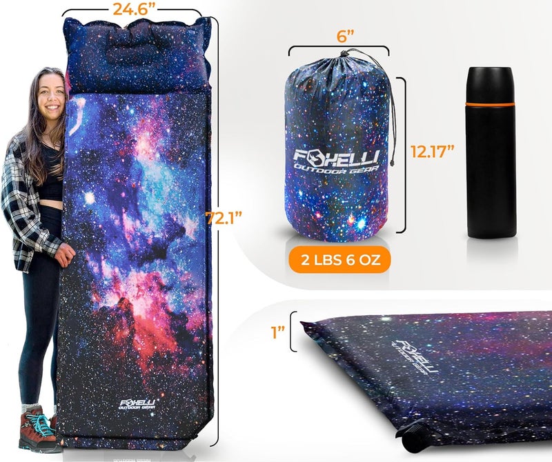 Foxelli Foxelli Self Inflating Sleeping Pad for Camping Backpacking Hiking Insulated Foam Lightweight Camping Mat Inflatable Camp Mattress with Pillow - Image 3