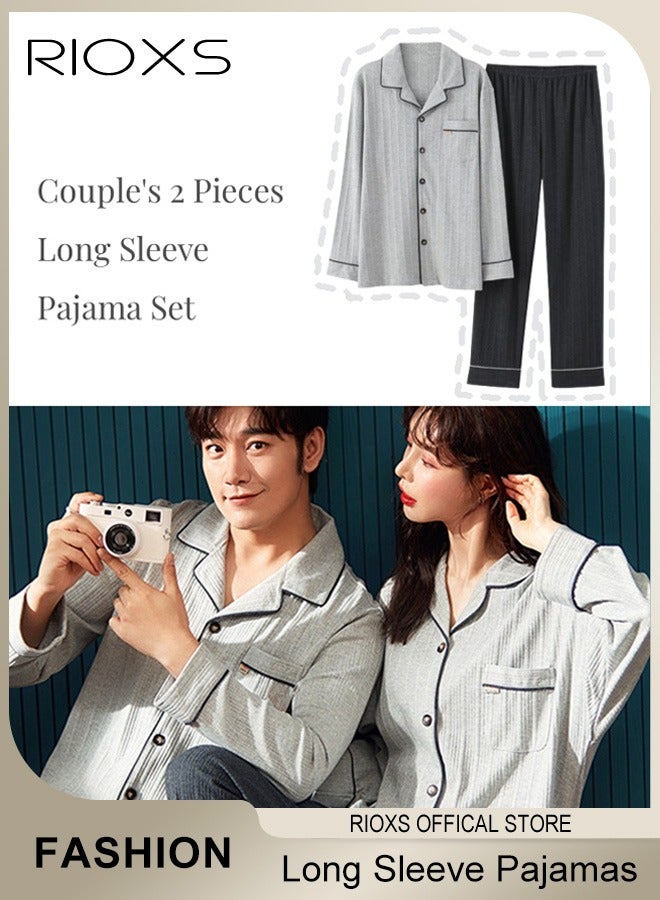 ريوكس طقم بيجامة مطابق للأزواج من قطعتين، بيجامة قطنية ناعمة ومسامية بأكمام طويلة للرجال والنساء، بلوزة بياقة على شكل V وأزرار وياقة صدرية وسروال طويل فضفاض بساق مستقيمة، طقم ملابس منزلية مريح وعصري لقضاء العطلات في الفنادق وحفلات البيجامة في المنزل والمزيد، رمادي - Image 2