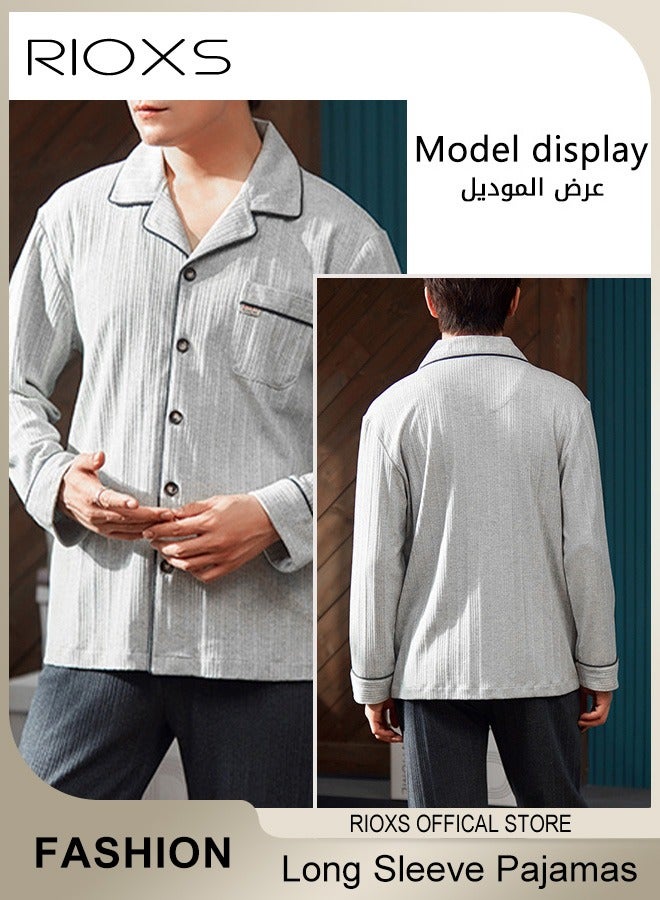 ريوكس طقم بيجامة مطابق للأزواج من قطعتين، بيجامة قطنية ناعمة ومسامية بأكمام طويلة للرجال والنساء، بلوزة بياقة على شكل V وأزرار وياقة صدرية وسروال طويل فضفاض بساق مستقيمة، طقم ملابس منزلية مريح وعصري لقضاء العطلات في الفنادق وحفلات البيجامة في المنزل والمزيد، رمادي - Image 3