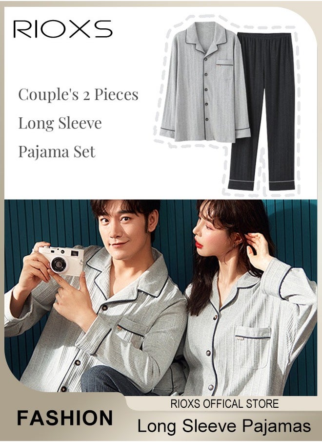 RIOXS Couples Matching 2 Pieces Long Sleeve Pajamas Soft Cotton Sleepwear Button Down Loungewear V-neck Tops and Straight Loose Pants for Men and Women Casual & Breathable  - Image 1