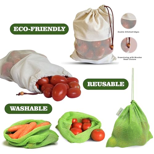 Fab Ellite Cotton Vegetable Storage Bags for Fridge | Pack of 18 Reusable Muslin Cloth Produce Pouches with Drawstrings for Sabji, Fruits & Grocery | (Beige & Green) - Image 3