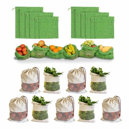 Fab Ellite Cotton Vegetable Storage Bags for Fridge | Pack of 18 Reusable Muslin Cloth Produce Pouches with Drawstrings for Sabji, Fruits & Grocery | (Beige & Green) - Image 1