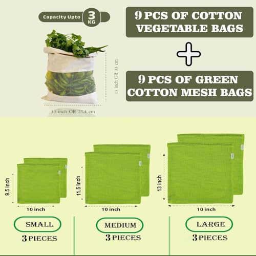 Fab Ellite Cotton Vegetable Storage Bags for Fridge | Pack of 18 Reusable Muslin Cloth Produce Pouches with Drawstrings for Sabji, Fruits & Grocery | (Beige & Green) - Image 2