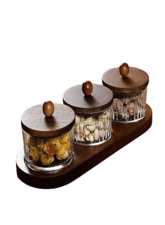 Large capacity glass grid fruit tray with wooden tray x 3-piece set, living room kitchen snacks, nuts, coffee beans storage jar, creative layered storage box - Image 1