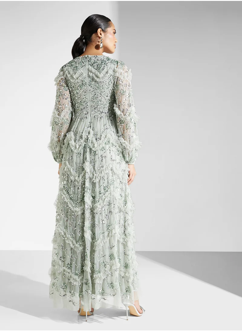 مايا Embellished Blouson Sleeve Maxi Dress