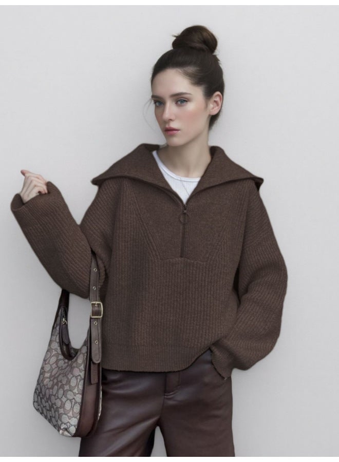 Leyuan Autumn Winter New Style Half-zip Pullover Sweater Women High-end Loose Slimming Knit Top - Image 2
