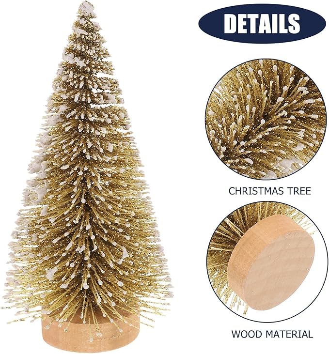 RIANZ Artificial Frosted Mini Christmas Tree, Xmas Bottle Brush Tree with Wood Base and Ball Ornaments for Christmas Decorations, Home, Kitchen, Dining Table - 1Pc (Golden) - Image 5