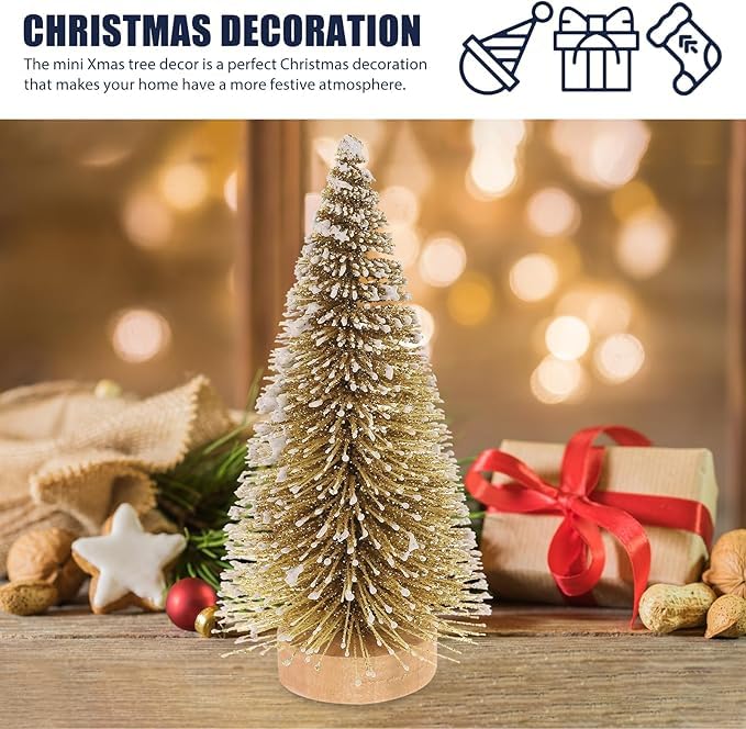 RIANZ Artificial Frosted Mini Christmas Tree, Xmas Bottle Brush Tree with Wood Base and Ball Ornaments for Christmas Decorations, Home, Kitchen, Dining Table - 1Pc (Golden) - Image 2