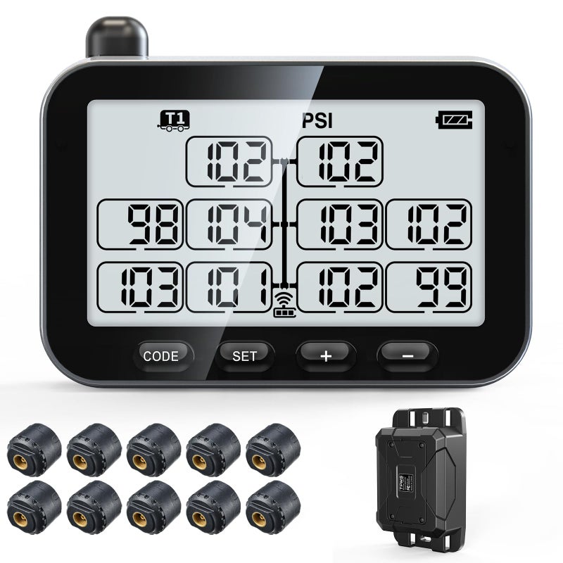 GUTA Trailer Tire Pressure Monitoring System RV TPMS with 10 Sensors 6 Alert Modes Signal Booster Power Saving Display Long Sensing Distance for 3 Trailers T1T2T3 for Camper Motor Homes