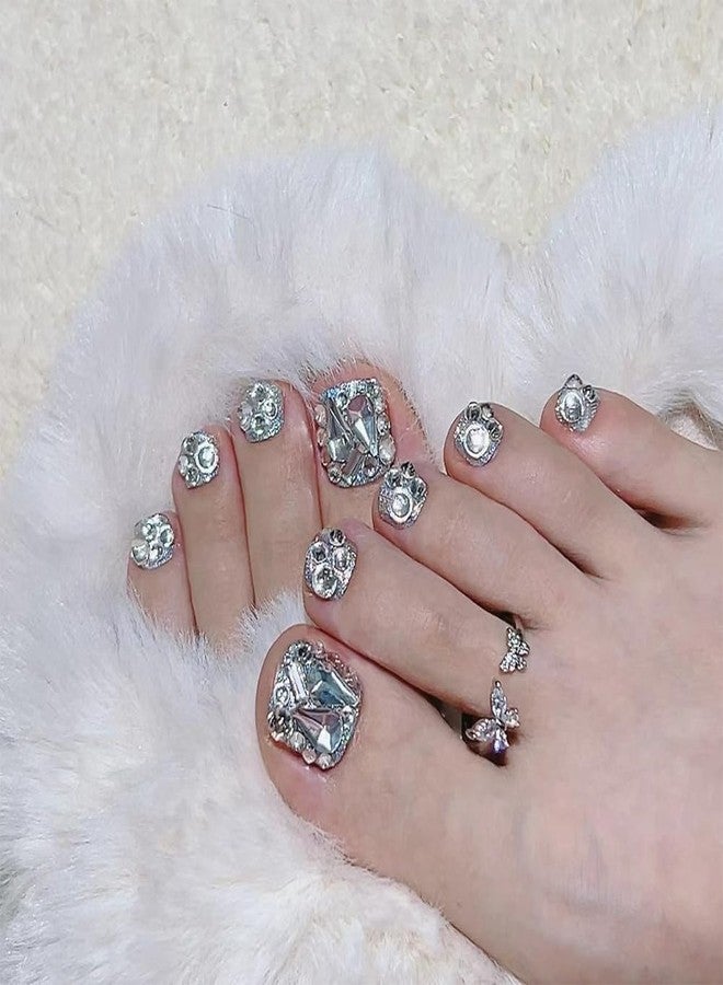 Hrnsnails Press On Toenails Short Square Fake Toe Nails with Silver Glitter and Diamond Bling Design, Sparkly Toe nail Press Ons Artificial Press on Toenails For Women(White Diamond-2） - Image 4