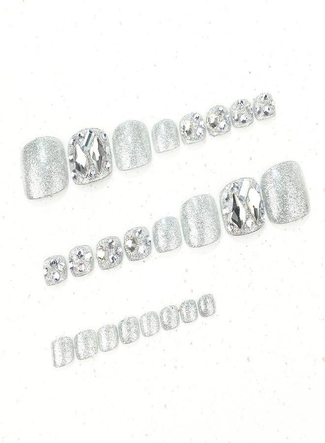 Hrnsnails Press On Toenails Short Square Fake Toe Nails with Silver Glitter and Diamond Bling Design, Sparkly Toe nail Press Ons Artificial Press on Toenails For Women(White Diamond-2） - Image 3