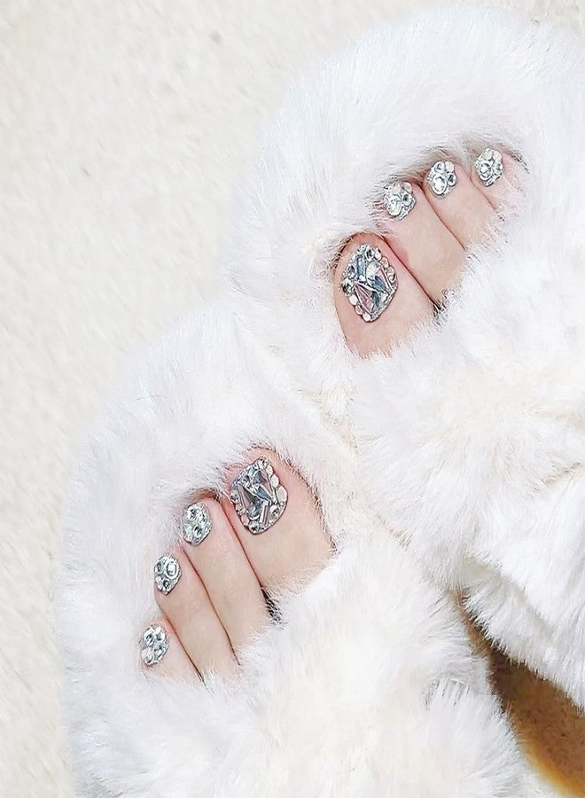 Hrnsnails Press On Toenails Short Square Fake Toe Nails with Silver Glitter and Diamond Bling Design, Sparkly Toe nail Press Ons Artificial Press on Toenails For Women(White Diamond-2） - Image 1