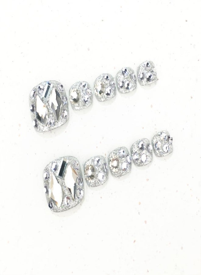 Hrnsnails Press On Toenails Short Square Fake Toe Nails with Silver Glitter and Diamond Bling Design, Sparkly Toe nail Press Ons Artificial Press on Toenails For Women(White Diamond-2） - Image 2