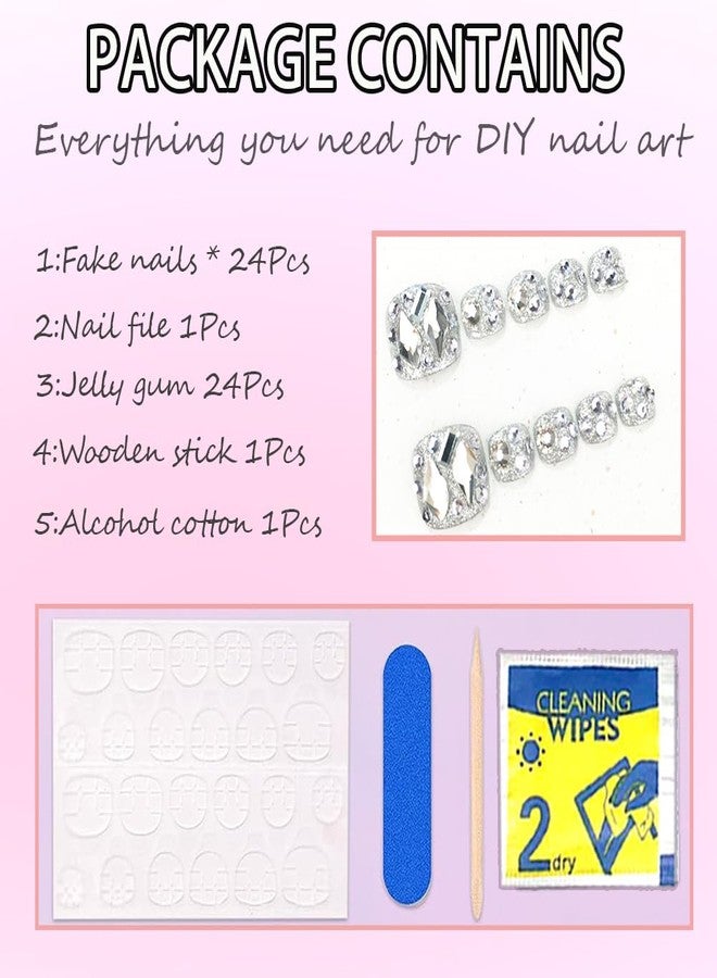 Hrnsnails Press On Toenails Short Square Fake Toe Nails with Silver Glitter and Diamond Bling Design, Sparkly Toe nail Press Ons Artificial Press on Toenails For Women(White Diamond-2） - Image 5