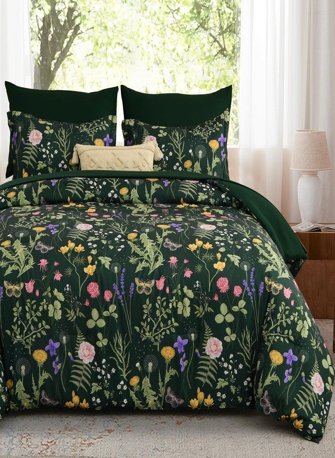 Yiran Queen Comforter Set 7 Piece, Dark Green Floral Bedding Set, Bed in a Bag Queen with Botanical Flowers Patterns, Soft Microfiber Complete Bedding Set with Sheets for All Season - Image 1