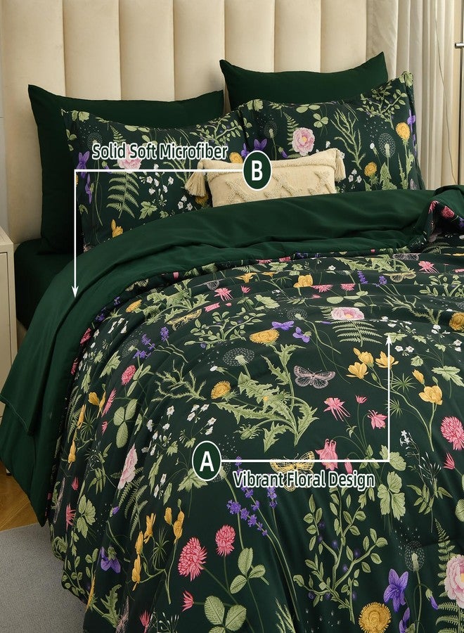 Yiran Queen Comforter Set 7 Piece, Dark Green Floral Bedding Set, Bed in a Bag Queen with Botanical Flowers Patterns, Soft Microfiber Complete Bedding Set with Sheets for All Season - Image 5