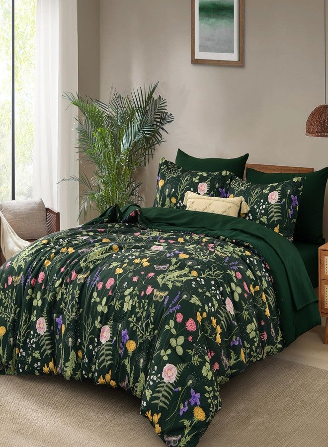 Yiran Queen Comforter Set 7 Piece, Dark Green Floral Bedding Set, Bed in a Bag Queen with Botanical Flowers Patterns, Soft Microfiber Complete Bedding Set with Sheets for All Season - Image 2