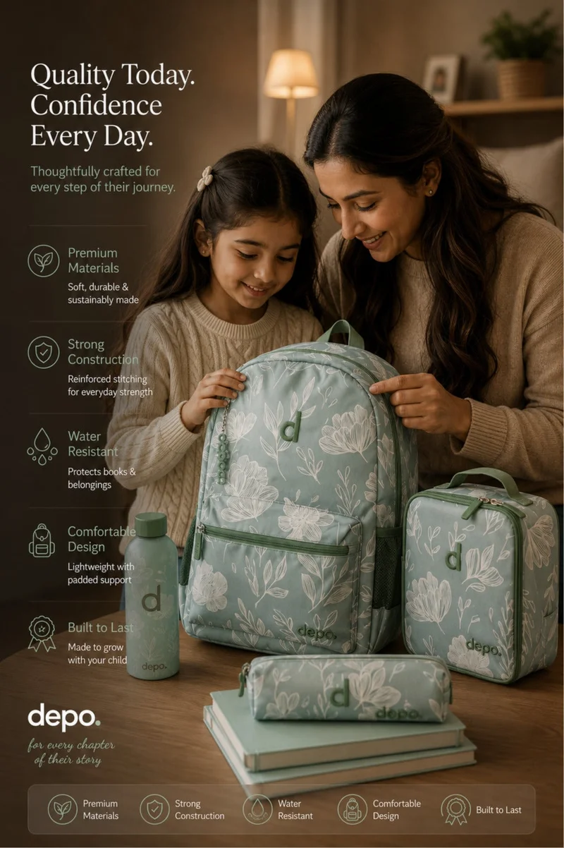 Depo Depo 4-Piece School Backpack Set – Sage Green Floral | 44cm Backpack with Lunch Bag, Pencil Case & 500ml Water Bottle