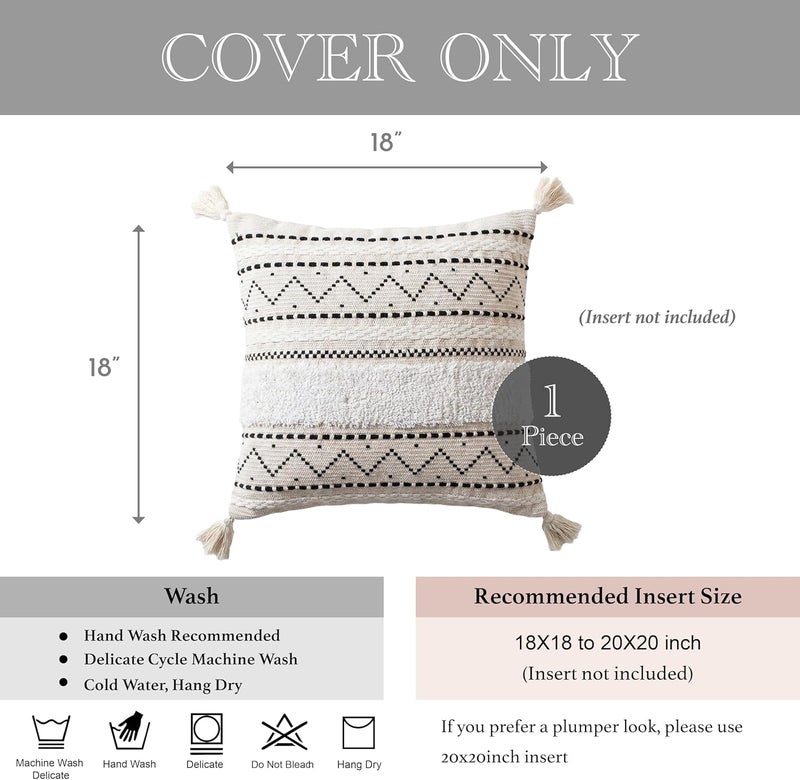 BlissBlush Decorative Throw Pillow Cover 18X18 Square Boho Black Neutral White Accent Pillowcase Tassels Farmhouse Cushion for Couch Sofa Bedroom Living Room Home Décor (Cover ONLY, Pack of 1) - Image 5
