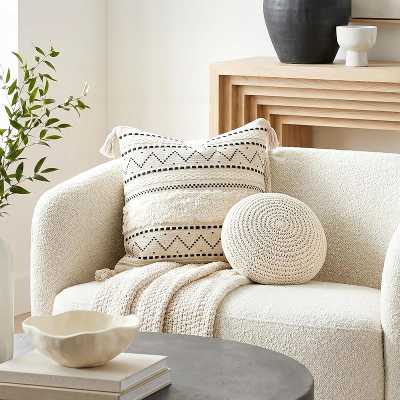 BlissBlush Decorative Throw Pillow Cover 18X18 Square Boho Black Neutral White Accent Pillowcase Tassels Farmhouse Cushion for Couch Sofa Bedroom Living Room Home Décor (Cover ONLY, Pack of 1) - Image 3