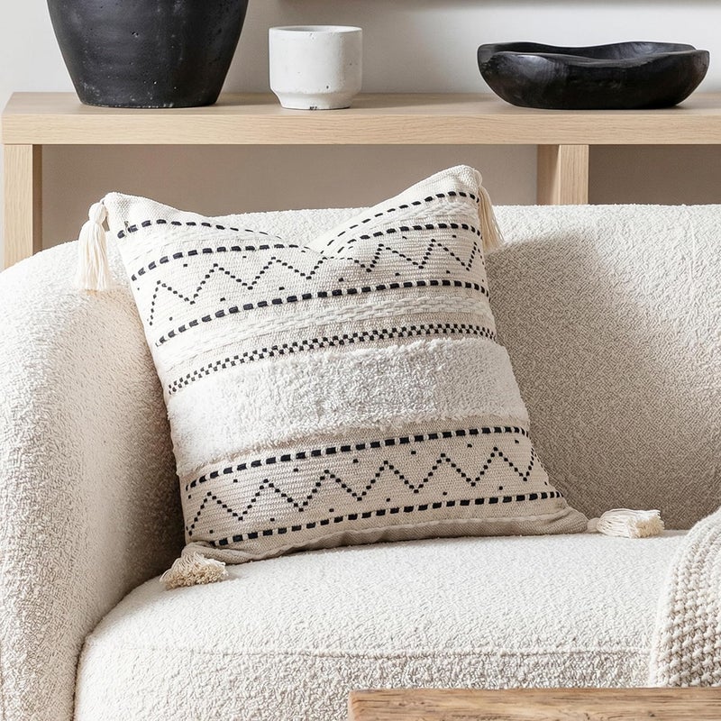 BlissBlush Decorative Throw Pillow Cover 18X18 Square Boho Black Neutral White Accent Pillowcase Tassels Farmhouse Cushion for Couch Sofa Bedroom Living Room Home Décor (Cover ONLY, Pack of 1) - Image 1