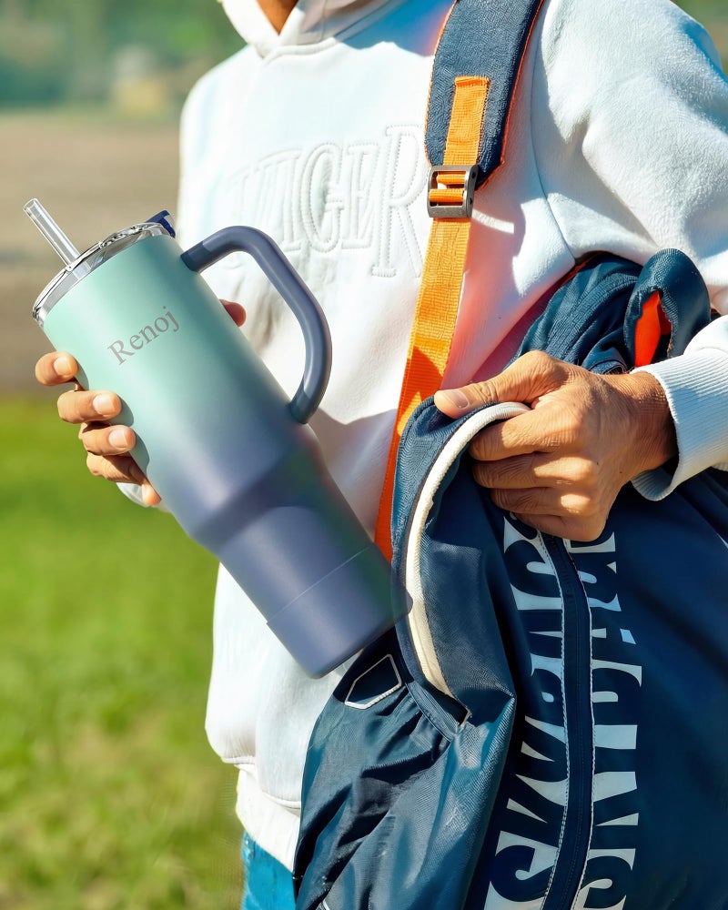 Renoj Insulated Mug 100% Leak Proof Insulated Water Bottle for Iced Coffee & Hot Drinks - Fits Car Cup Holder, Ideal Gift, 2 Straws & Silicone Boot - SnapShift Blue Gradient 32 oz - Image 3