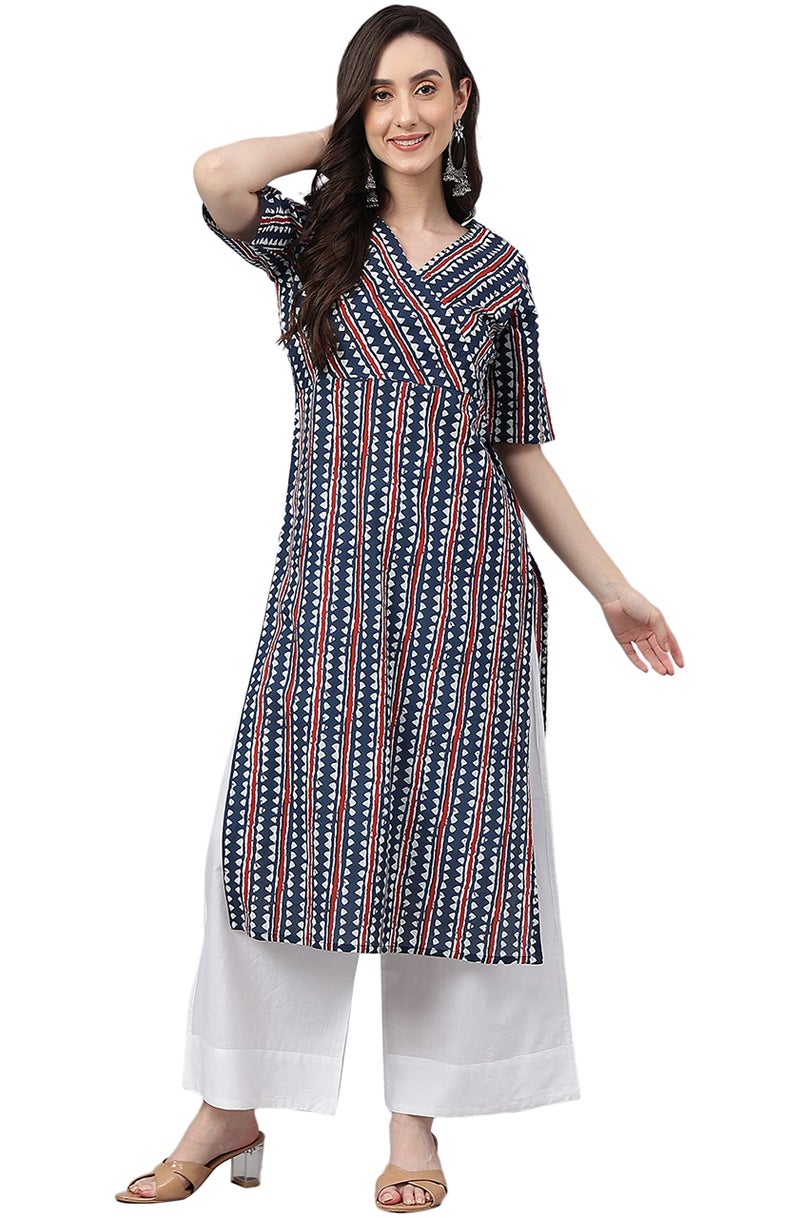 Janasya Women's Navy Blue Pure Cotton Geometric Straight Kurta(JNE4016-KR-XL) - Image 3