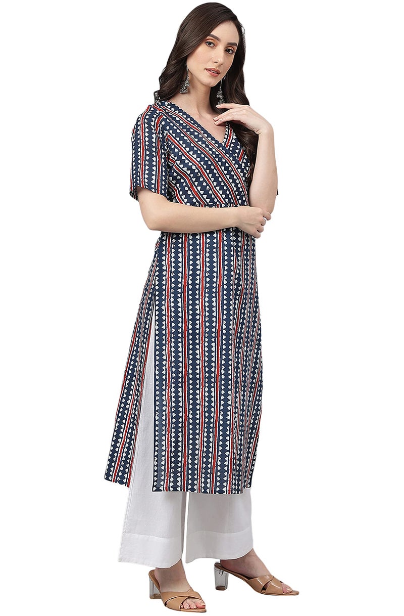 Janasya Women's Navy Blue Pure Cotton Geometric Straight Kurta(JNE4016-KR-XL) - Image 5